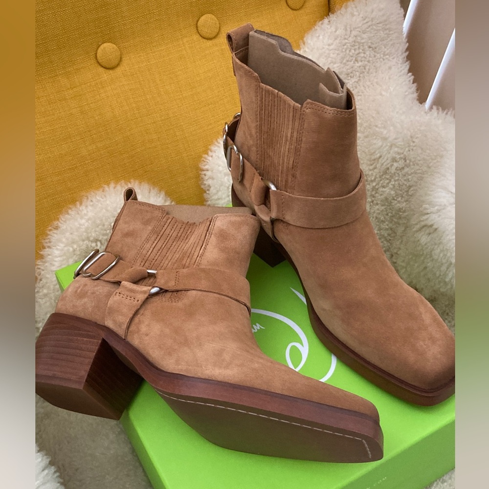 Sam Edelman Bellamie Camel Stacked Heel Squared Toe Pull On Western Booties 8M